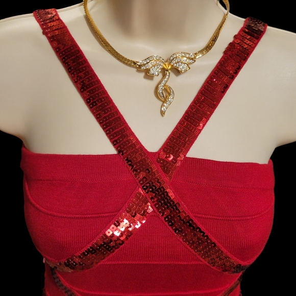 Red Dress S Sequins Party Bandeau Dress - Picture 3 of 11